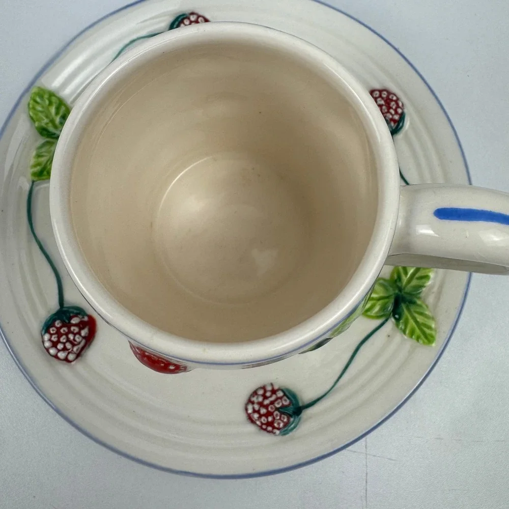 Vtg Strawberry Cup Saucer Ceramic Coffee Tea Set Berry Cottagecore Kitchen